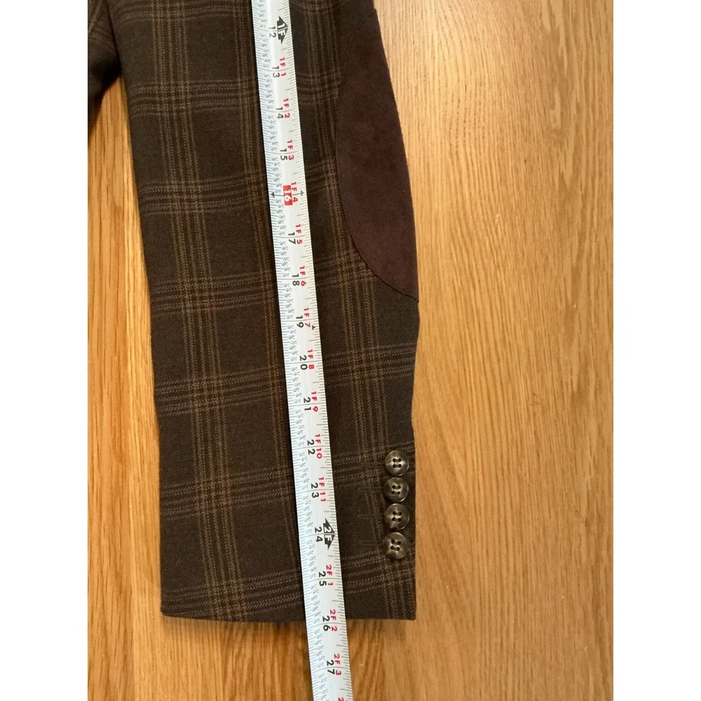 Gio Matto Wool Sport Coat 40R‎ Brown Plaid Blazer Suede Collar Elbow Patches